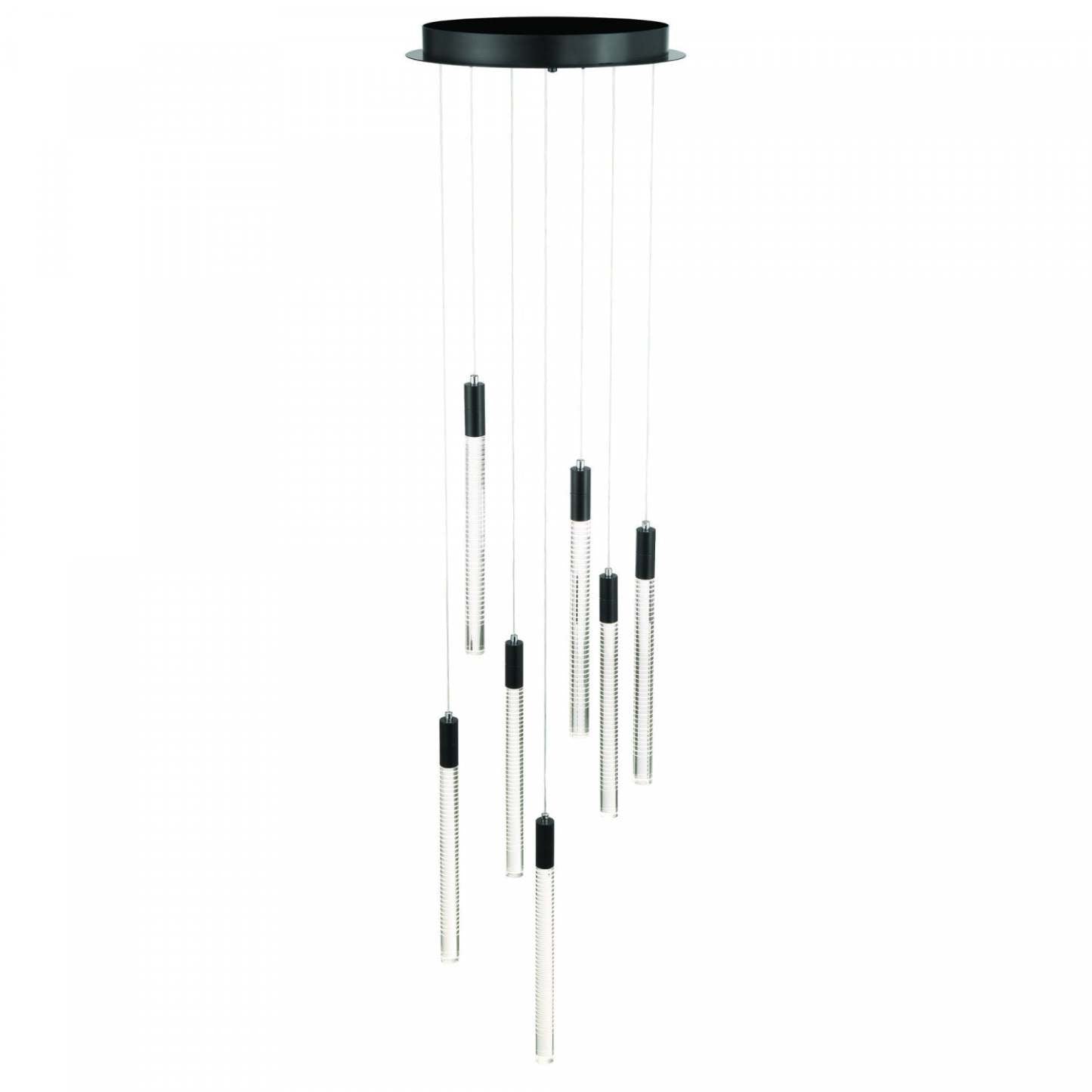 Lustre à LED intégré à 7 lumières Celine, noir avec lampe à tiges de verre doublées au laser | Lustre A 7 lampes A Del Integree Celine, Noir Avec Tiges En Verre Rayées Au Laser