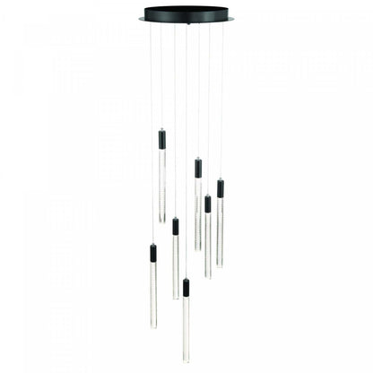 Lustre à LED intégré à 7 lumières Celine, noir avec lampe à tiges de verre doublées au laser | Lustre A 7 lampes A Del Integree Celine, Noir Avec Tiges En Verre Rayées Au Laser