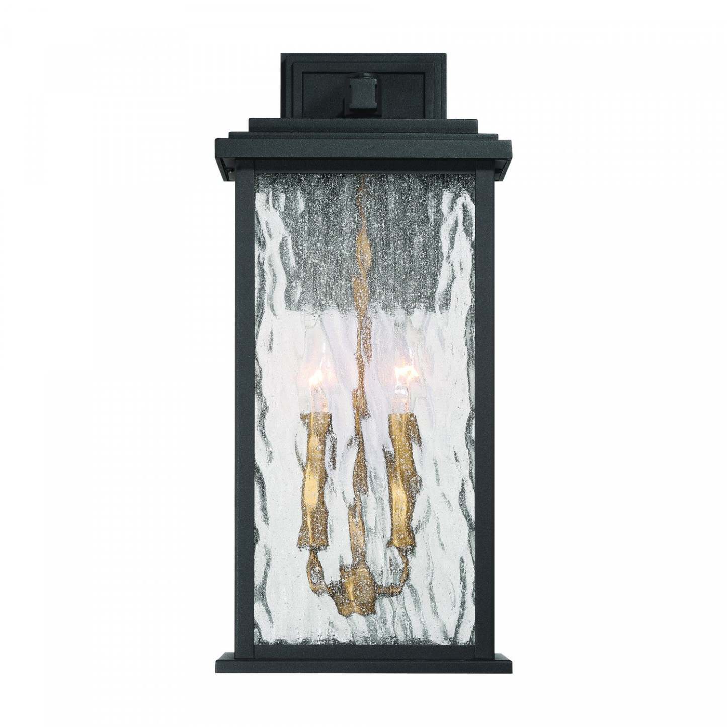 Applique murale extérieure Estate à 2 lumières 19, noir, laiton avec lampe en verre de pluie | Applique Murale D'extérieur Estate A 2 lampes De 19 po, Noir Et Laiton Avec Verre A Gouttelettes