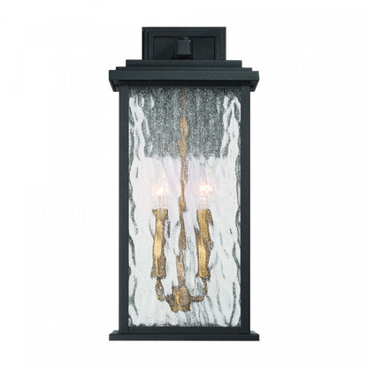 Applique murale extérieure Estate à 2 lumières 19, noir, laiton avec lampe en verre de pluie | Applique Murale D'extérieur Estate A 2 lampes De 19 po, Noir Et Laiton Avec Verre A Gouttelettes