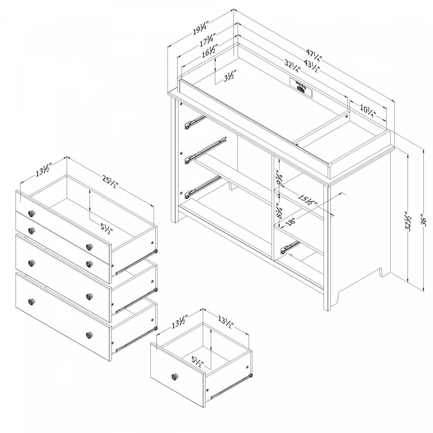 Table à langer Little Smileys avec rebord amovible, tiroirs et rangement ouvert - Blanc pur | Little Smileys Table à langer avec rebord amovible - Blanc solide