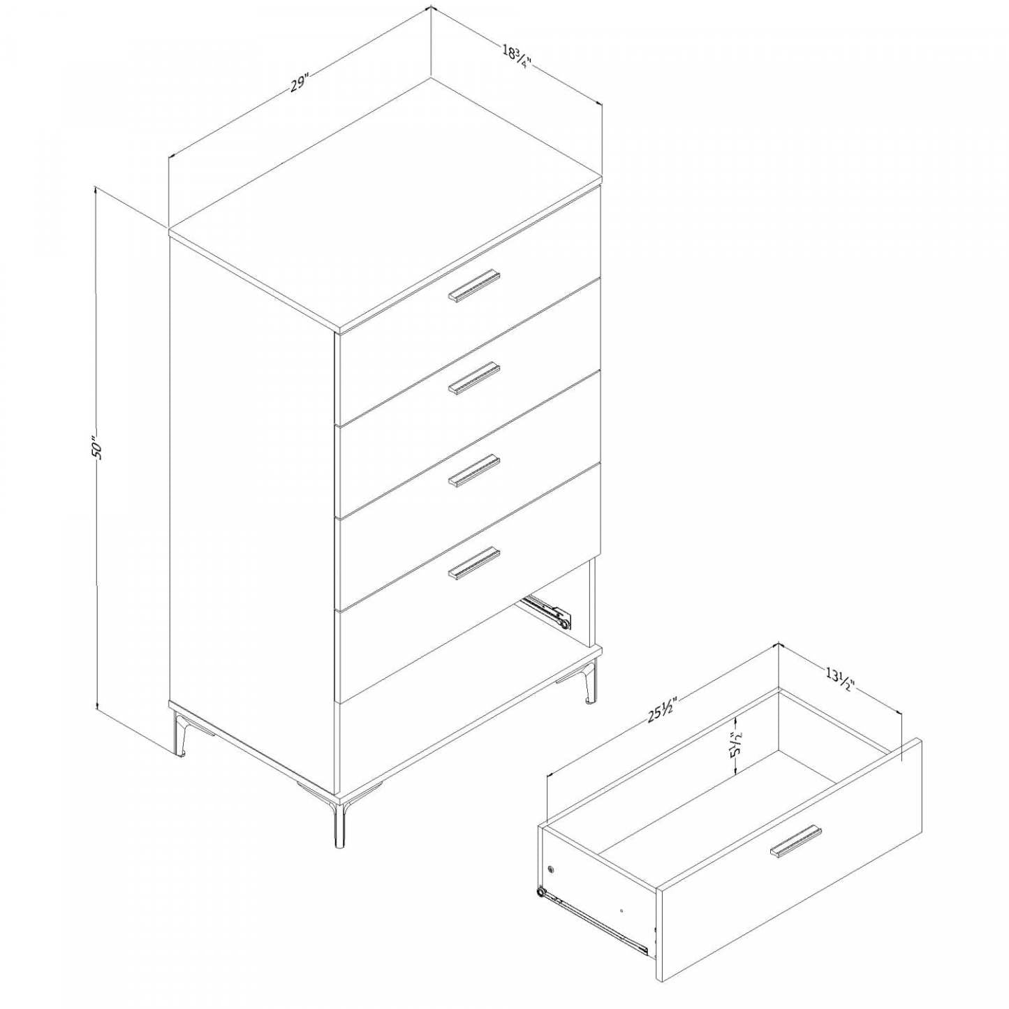 Commode Musano à 5 tiroirs avec pieds en métal - Chêne gris | Commode verticale Musano à 5 tiroirs avec pattes en métal - chêne gris
