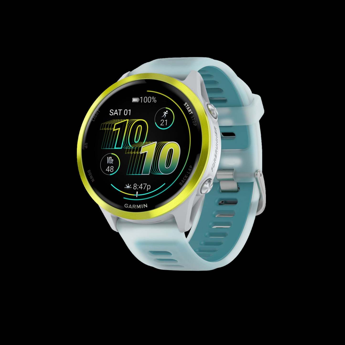 Garmin Forerunner 570 Montre Intelligente 47mm, Amoled, Aluminium Jaune Amp, Pierre Blanche/turquoise, Suivi de Course GPS, Batterie de 11 jours
