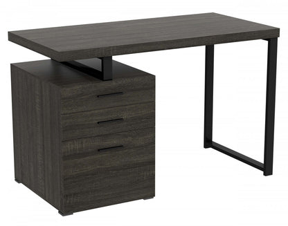 Bureau d'ordinateur 47" avec 3 tiroirs - Bois gris foncé avec base en métal argenté | Bureau d'ordinateur de 47 po avec 3 tiroirs - bois gris foncé avec base en métal argenté