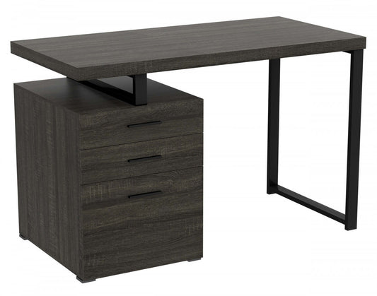 Bureau d'ordinateur 47" avec 3 tiroirs - Bois gris foncé avec base en métal argenté | Bureau d'ordinateur de 47 po avec 3 tiroirs - bois gris foncé avec base en métal argenté