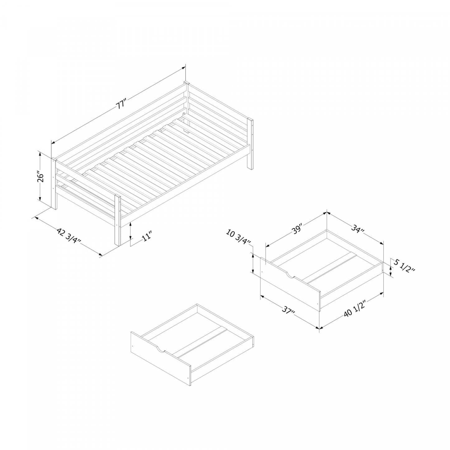 Lit de jour Sweedi en bois massif avec tiroirs de rangement, bois naturel - Lit simple South Shore