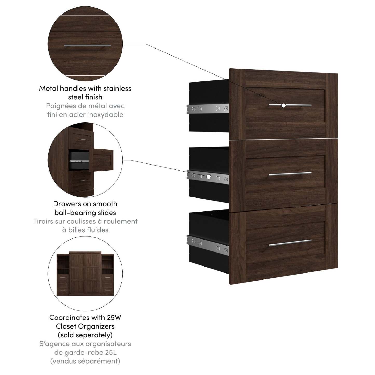 Bestar Pur 3-Drawer Set for Pur 25 Closet Organizer - Black Walnut|Ensemble de 3 tiroirs Pur de Bestar pour organisateur de garde-robe de 25 po - noyer noir