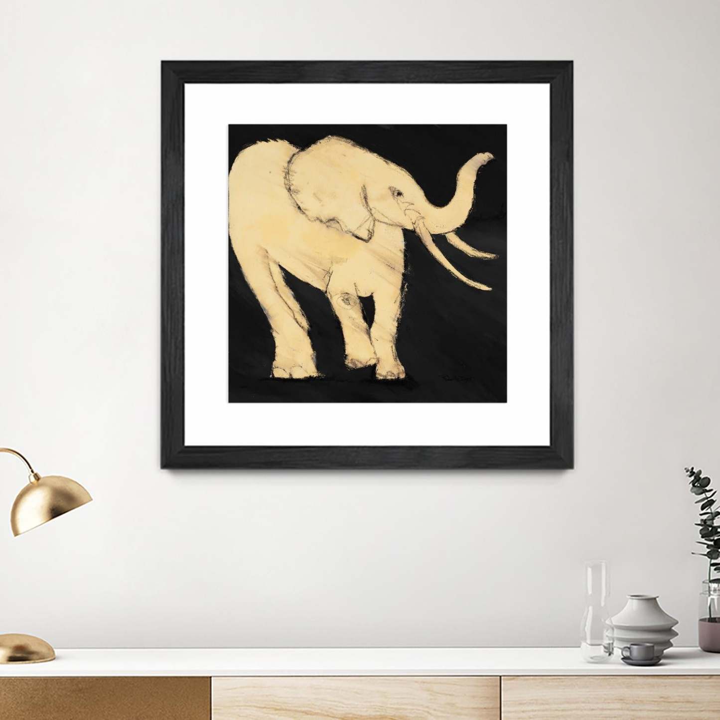 Œuvre d’art murale encadrée noire et mate « Baby Elephant » 30 x 30