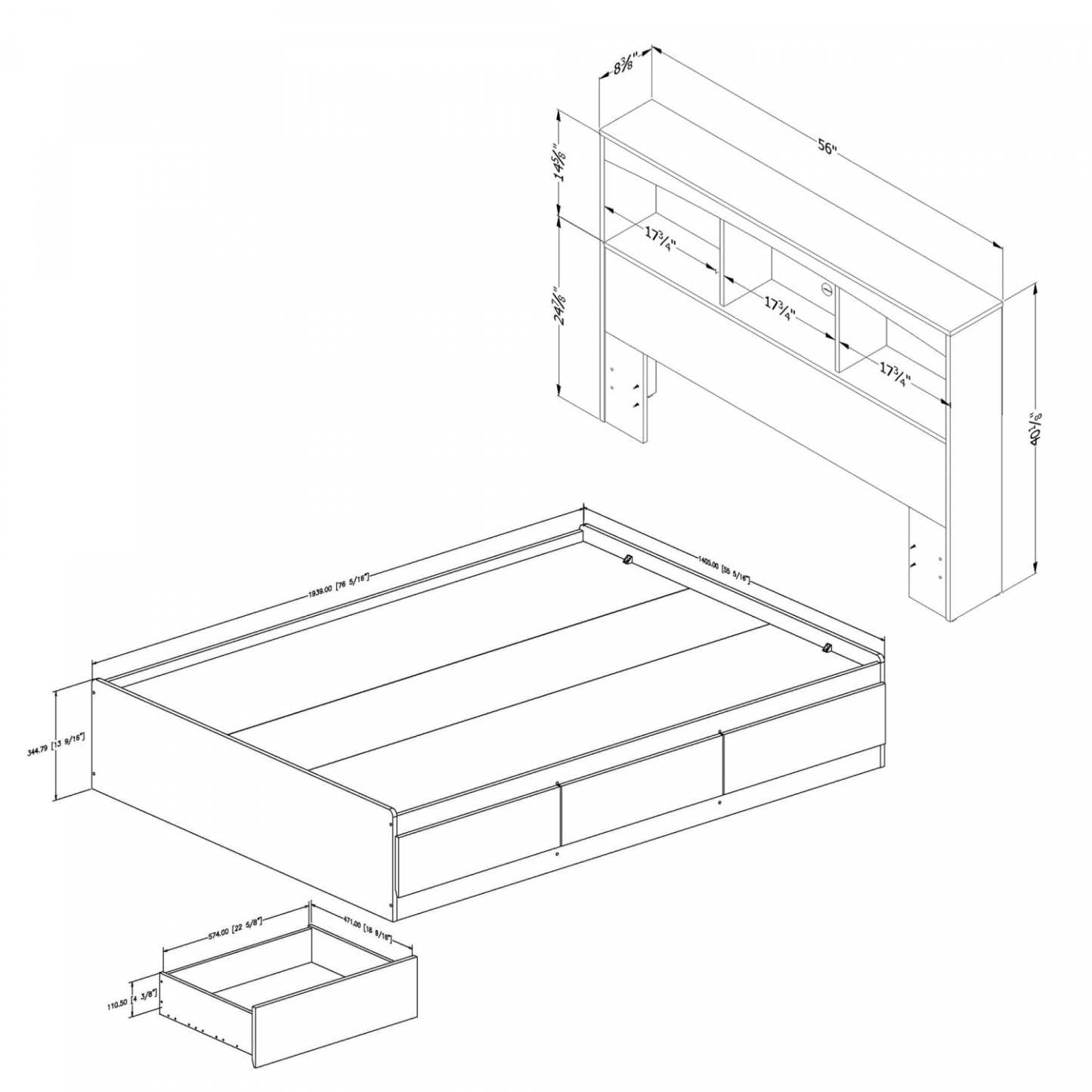Ensemble lit et tête de lit bibliothèque Step One Mates - Blanc pur | Step One Ensemble lit Matelot et tête de lit bibliothèque - Blanc pur