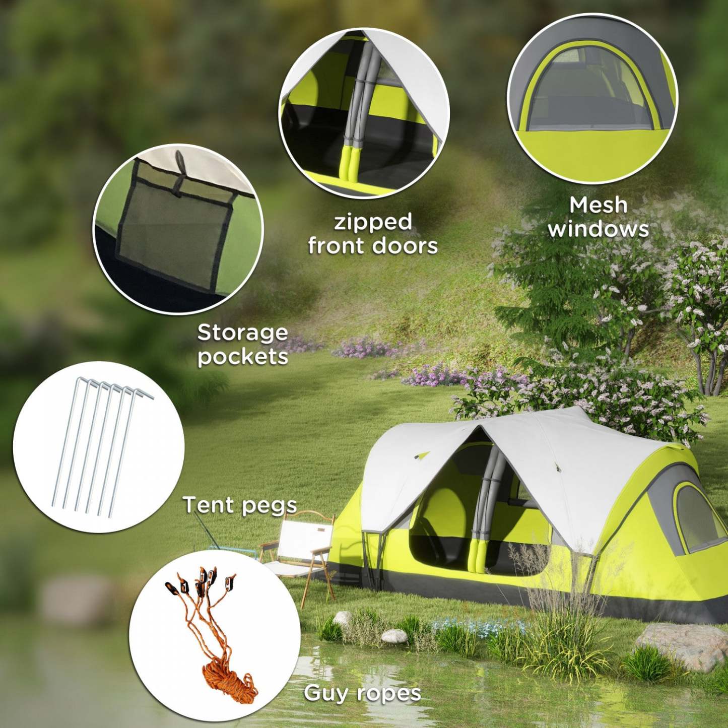 Outsunny Tente De Camping, Tente Pour 6 A 8 Personnes Avec 2 Chambres &amp; Imperméable Rainfly