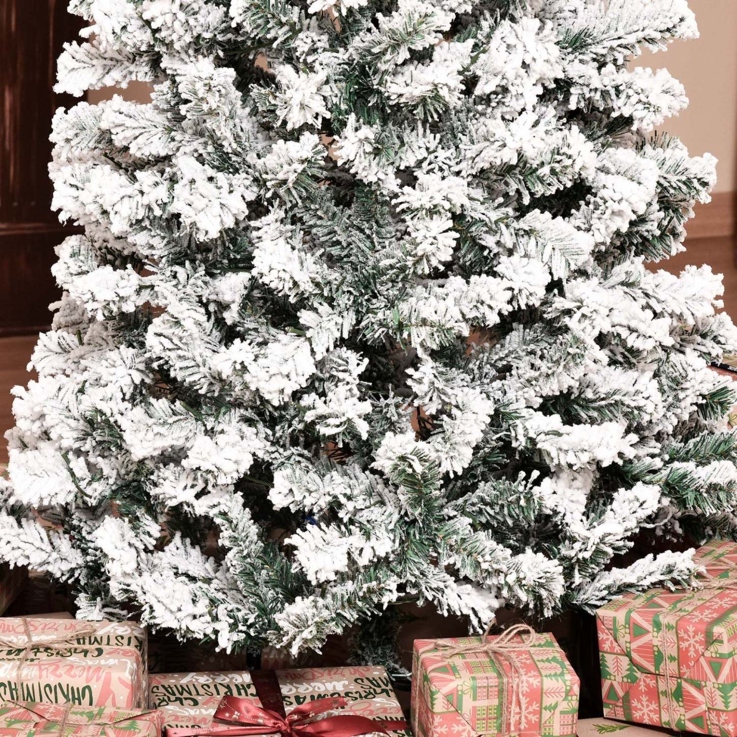 Homcom Arbre De Noël En Forme De Crayon Floqué De Neige Artificielle Pré-éclairé De 7.5 Pieds Avec 350 Lumières LED Blanc Chaud Et 641 Pointes De Branche