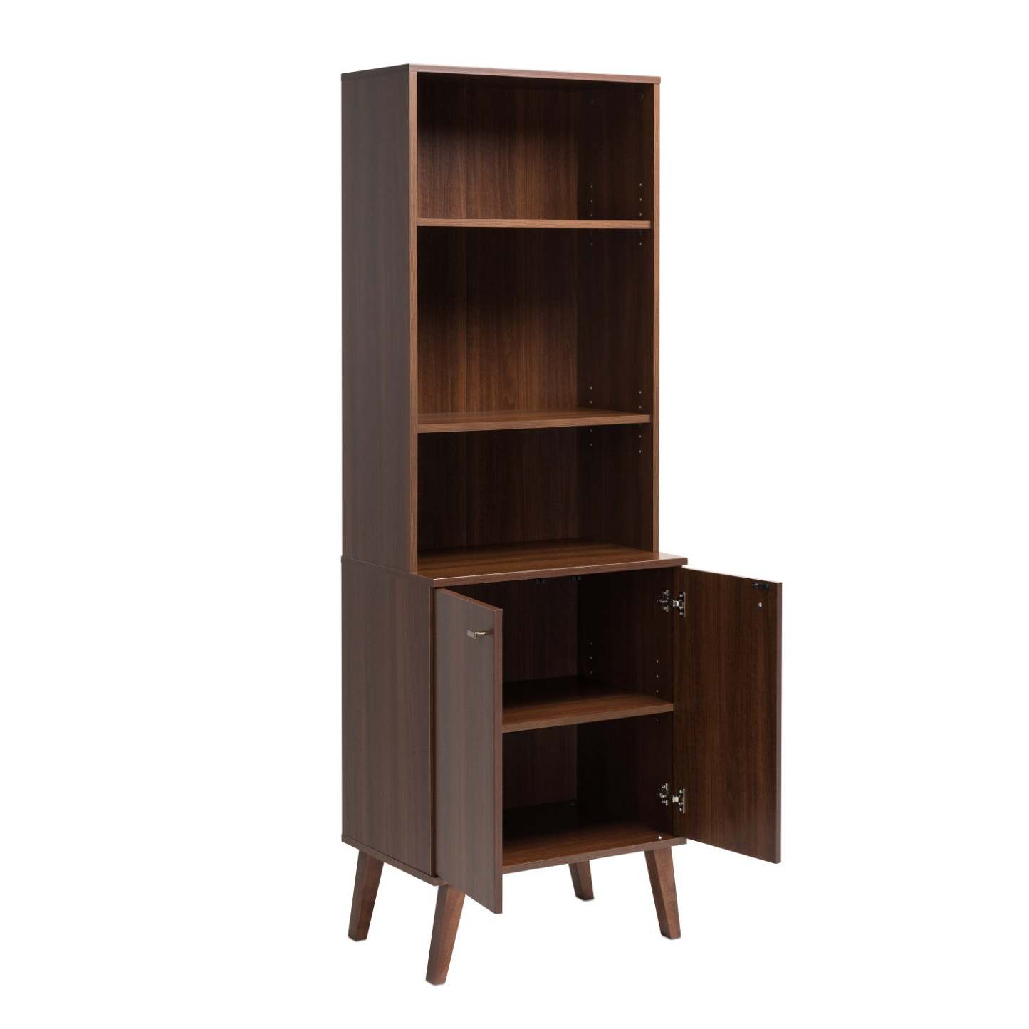 Milo Mid-Century Modern Tall Bookcase with Adjustable Shelves, 2 Doors & Brushed Brass-Finished Knobs - Cherry|Bibliothèque haute moderne du milieu du 20e siècle Milo avec tablettes réglables, 2 portes et poignées au fini laiton brossé - cerisier