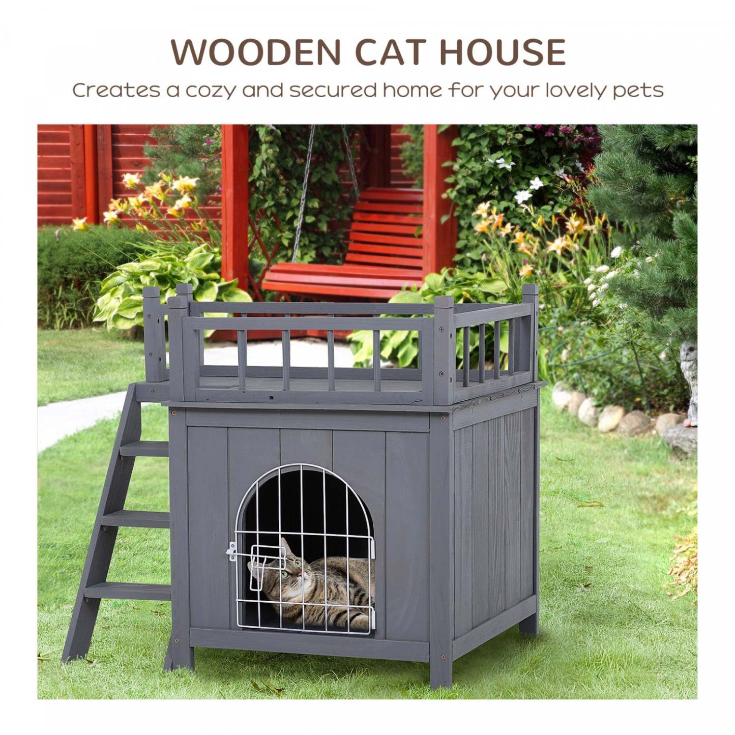 Pawhut Maison Pour Animaux à 2 Niveaux Pour Chats et Chiens Miniatures, Abri en Bois Pour Chat Avec Enclos, Balcon|Pawhut Abri Pour Chats En Bois, Extérieur, simulation Et Surélevé, À Deux Niveaux, Avec Balcon, Gris