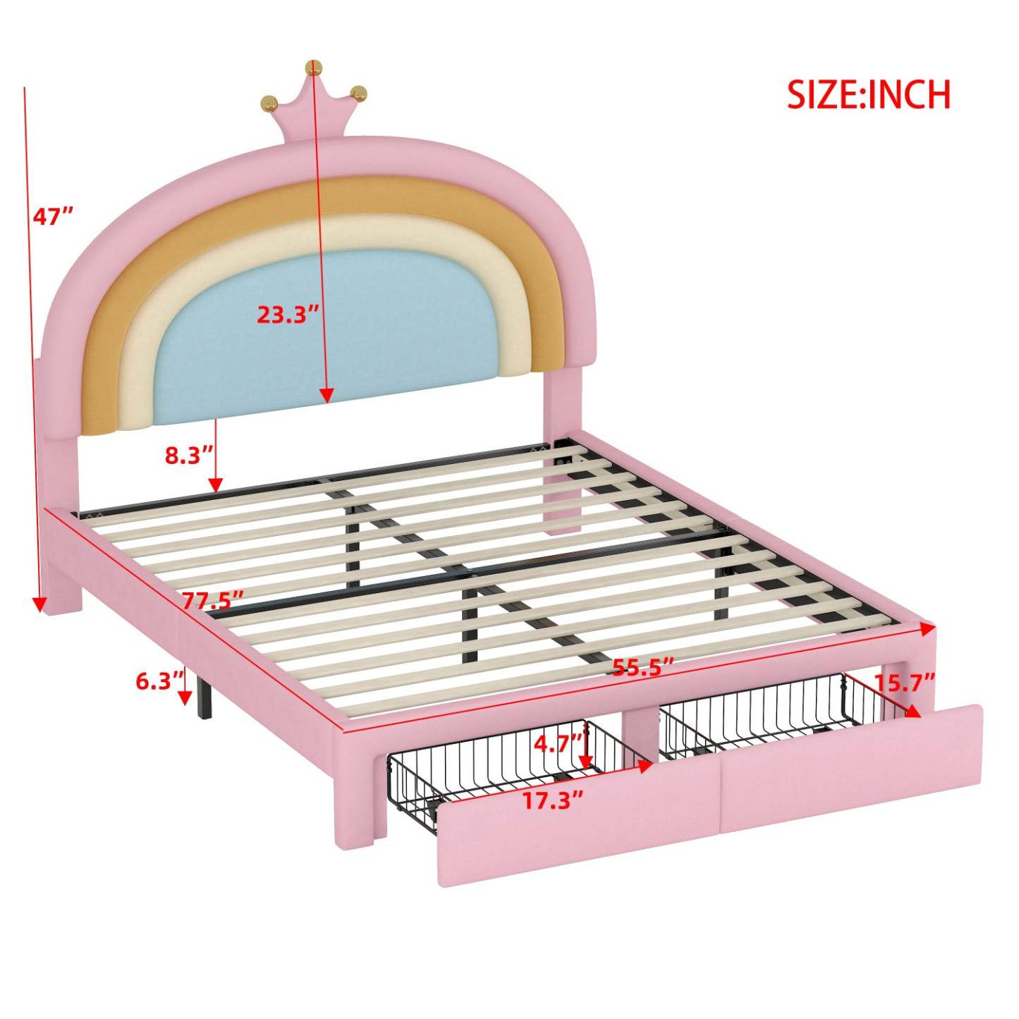 Maggie Upholstered Rainbow Princess Bed With Storage Drawer And Velvet Platform Frame,full Size,pink Full Bed | Lit Princesse Arc-en-ciel Maggie Tapisse Avec Tiroir De Rangement Et Cadre Plateforme En Velours, Taille Full, Rose