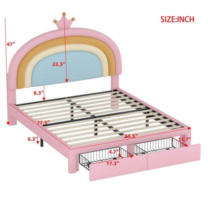 Maggie Upholstered Rainbow Princess Bed With Storage Drawer And Velvet Platform Frame,full Size,pink Full Bed | Lit Princesse Arc-en-ciel Maggie Tapisse Avec Tiroir De Rangement Et Cadre Plateforme En Velours, Taille Full, Rose