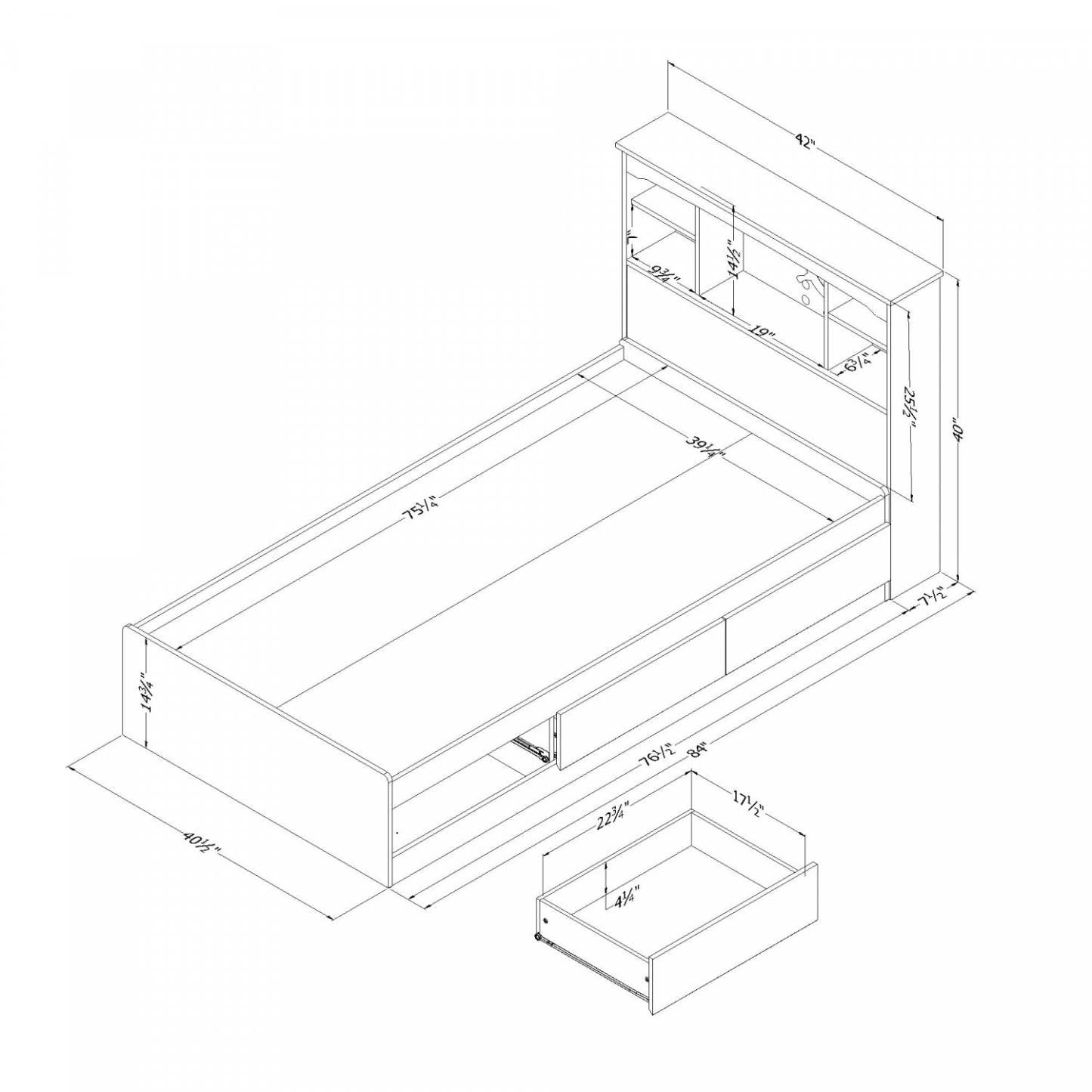 Ensemble tête de lit et bibliothèque Aviron Mates, coloris Myrtille - Lit simple South Shore