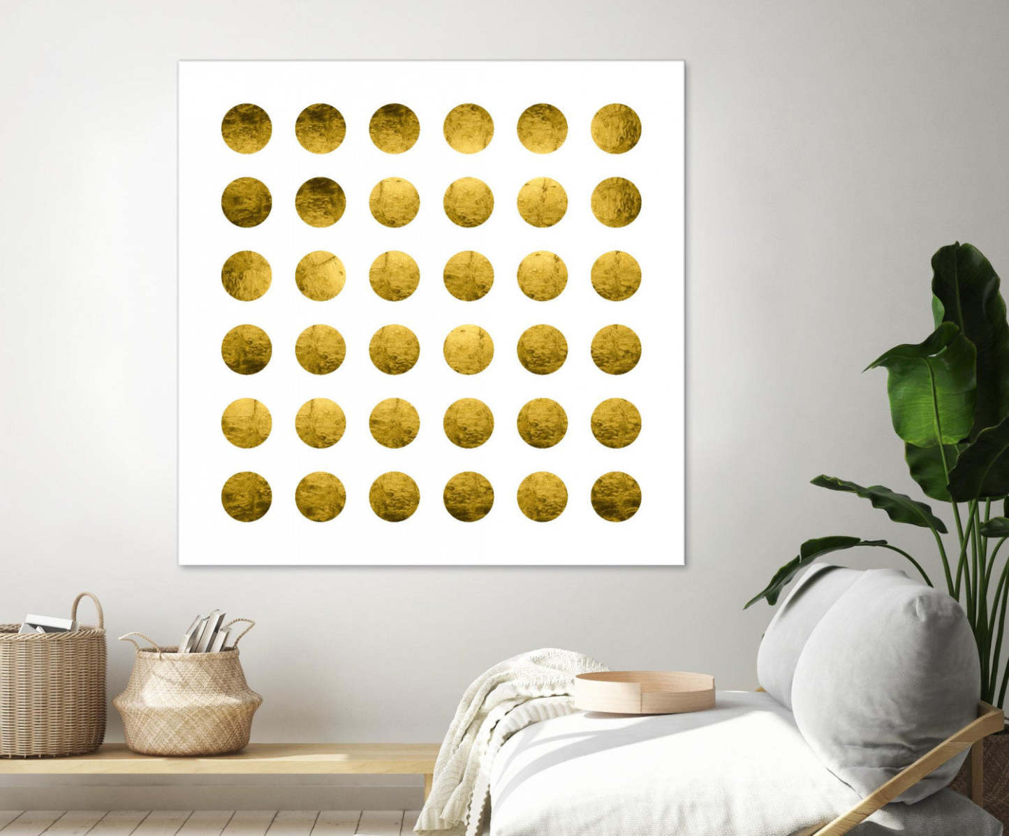 Œuvre d'art murale géante « Golden Spots White » 72 x 72