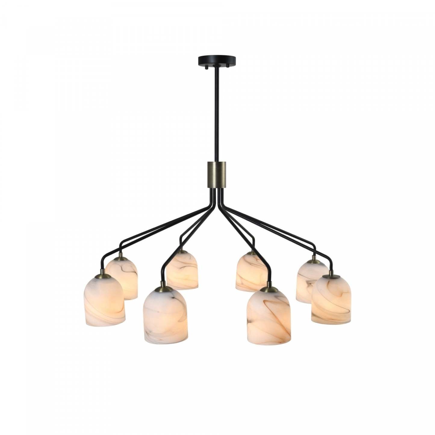 Lustre Crema à 8 lumières 34,25, noir, laiton brossé avec lampe en verre de style albâtre | Lustre A 8 lampes Crema De 34,25 po, Noir, Laiton Brosse Avec Verre Genre Albatre