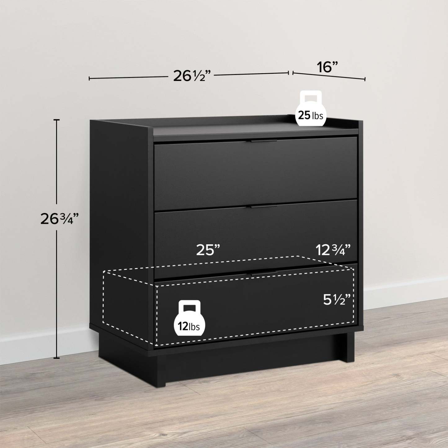 Prepac Simply Modern 26.5 3-Drawer Nightstand - Black|Table de nuit Simply Modern de Prepac de 26,5 po à 3 tiroirs - noire
