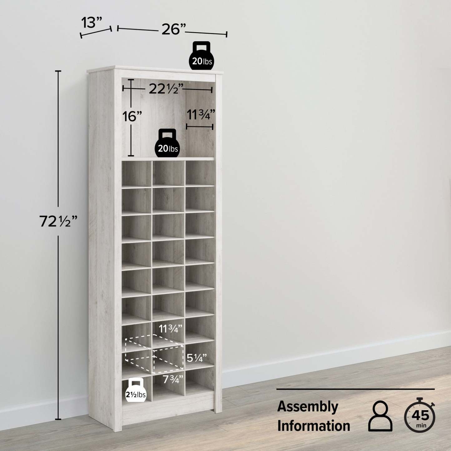 Rustic Ridge Farmhouse Shoe Storage Cabinet - Washed White|Armoire de rangement pour chaussures Rustic Ridge champêtre - blanc vieilli