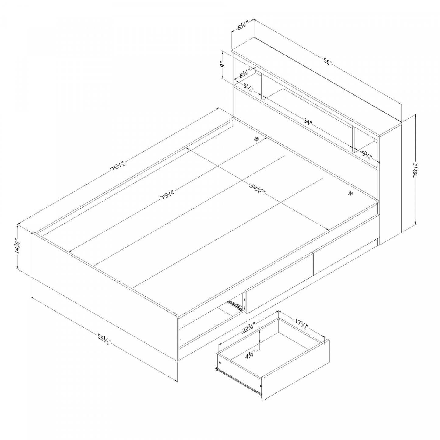 Ensemble de lit matelot double avec tête de lit bibliothèque Reevo - Blanc pur | Reevo Ensemble Lit Double Avec Tete De Lit Bibliotheque - Blanc Solide
