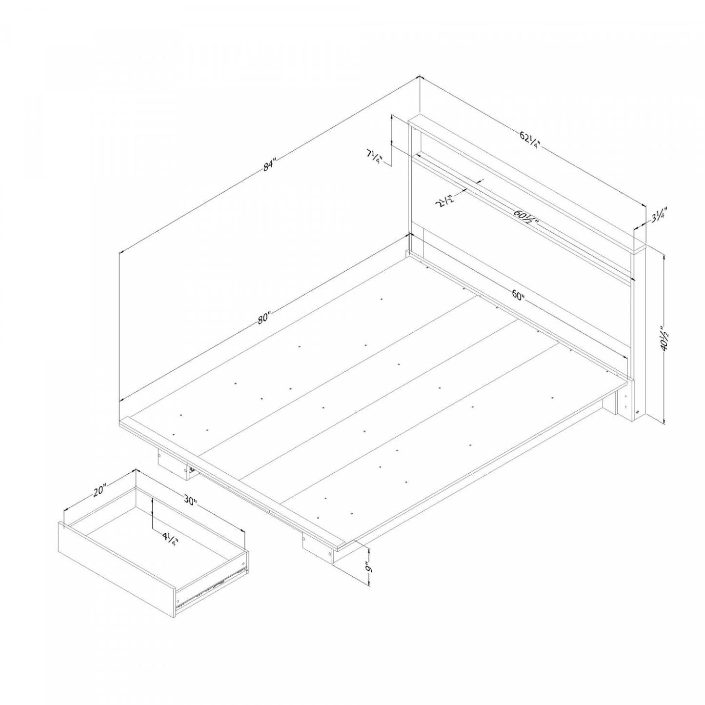 Lit plateforme Fusion avec tête de lit et étagère de rangement intégrée, chêne blanchi - Lit Queen South Shore