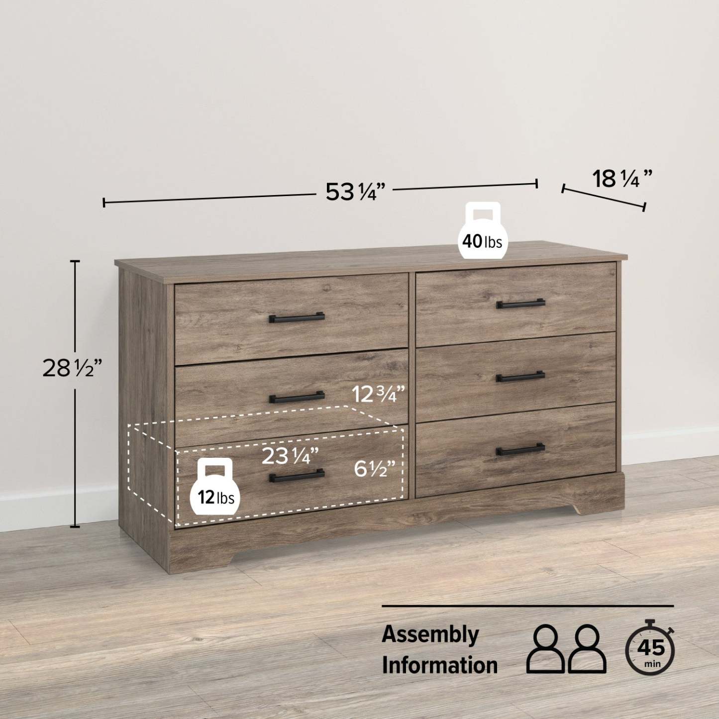 Prepac Rustic Ridge Farmhouse 6-Drawer Dresser - Brown|Commode champêtre Rustic Ridge de Prepac à 6 tiroirs - brune