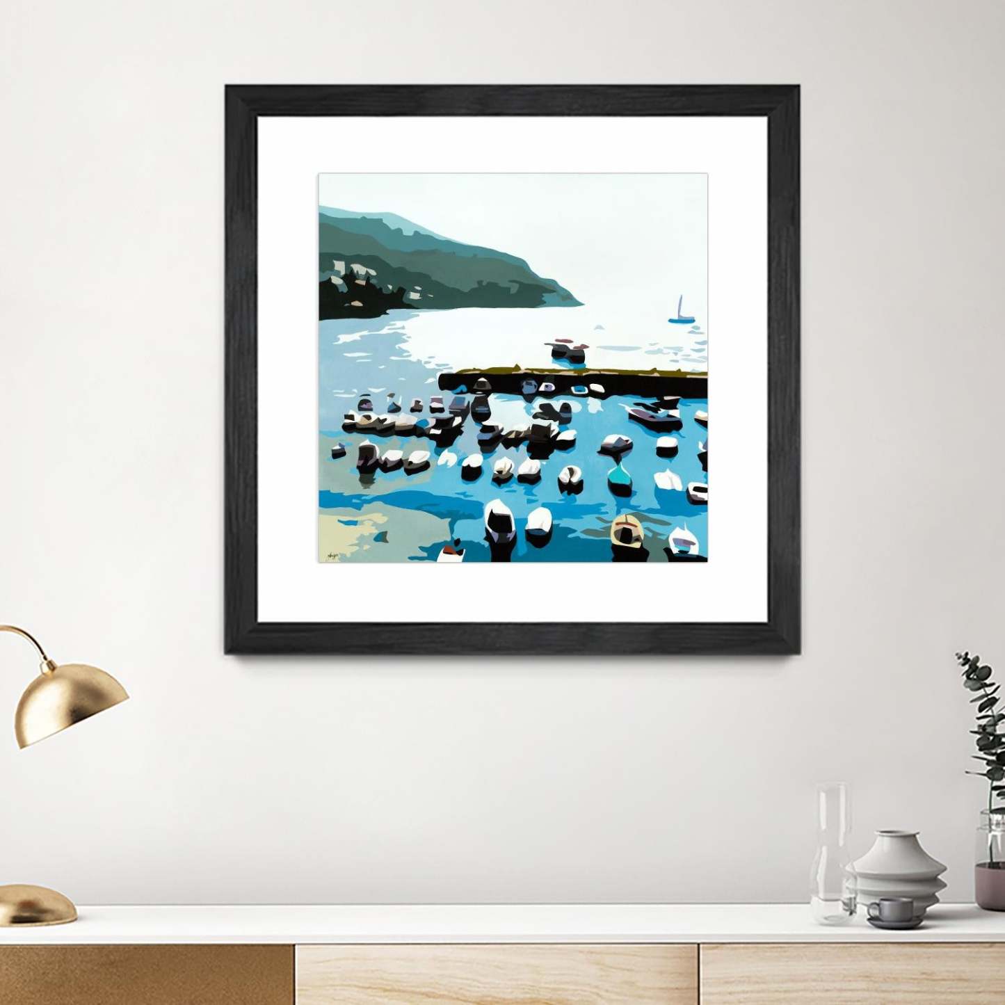 Boats Matted and Framed Black 36x36 Wall Art|Œuvre d’art murale encadrée noire et mate « Boats » 36 x 36