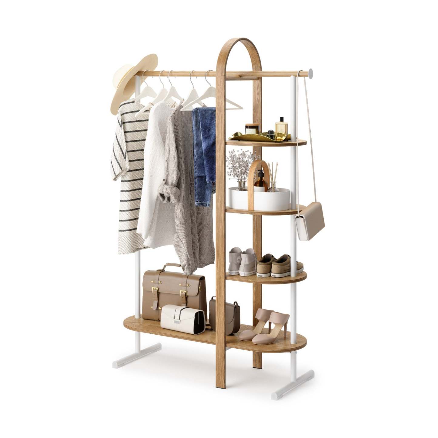 Umbra Modern Wood Bellwood Garment Rack Coat Rack - White and Natural|Portemanteau et support à vêtements modernes Bellwood de Umbra en bois - blanc et naturel