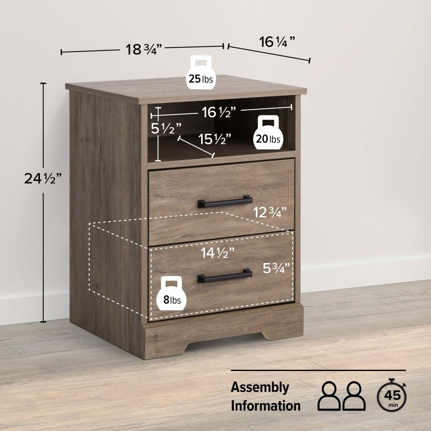 Prepac Rustic Ridge Farmhouse 2-Drawer Nightstand - Brown|Table de nuit champêtre Rustic Ridge de Prepac à 2 tiroirs - brune