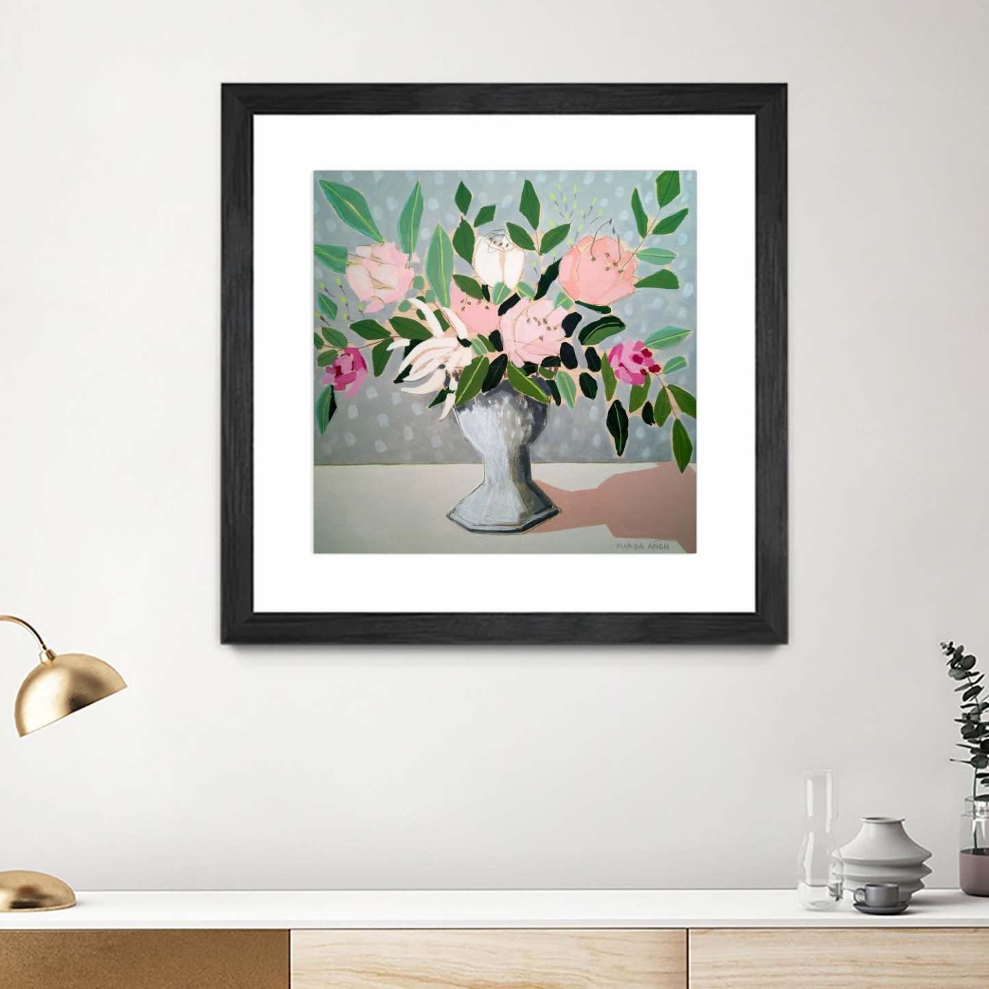 Spring Florals 1 Matted and Framed Black 36x36 Wall Art|Œuvre d'art murale encadrée noire et mate « Spring Florals 1 » 36 x 36