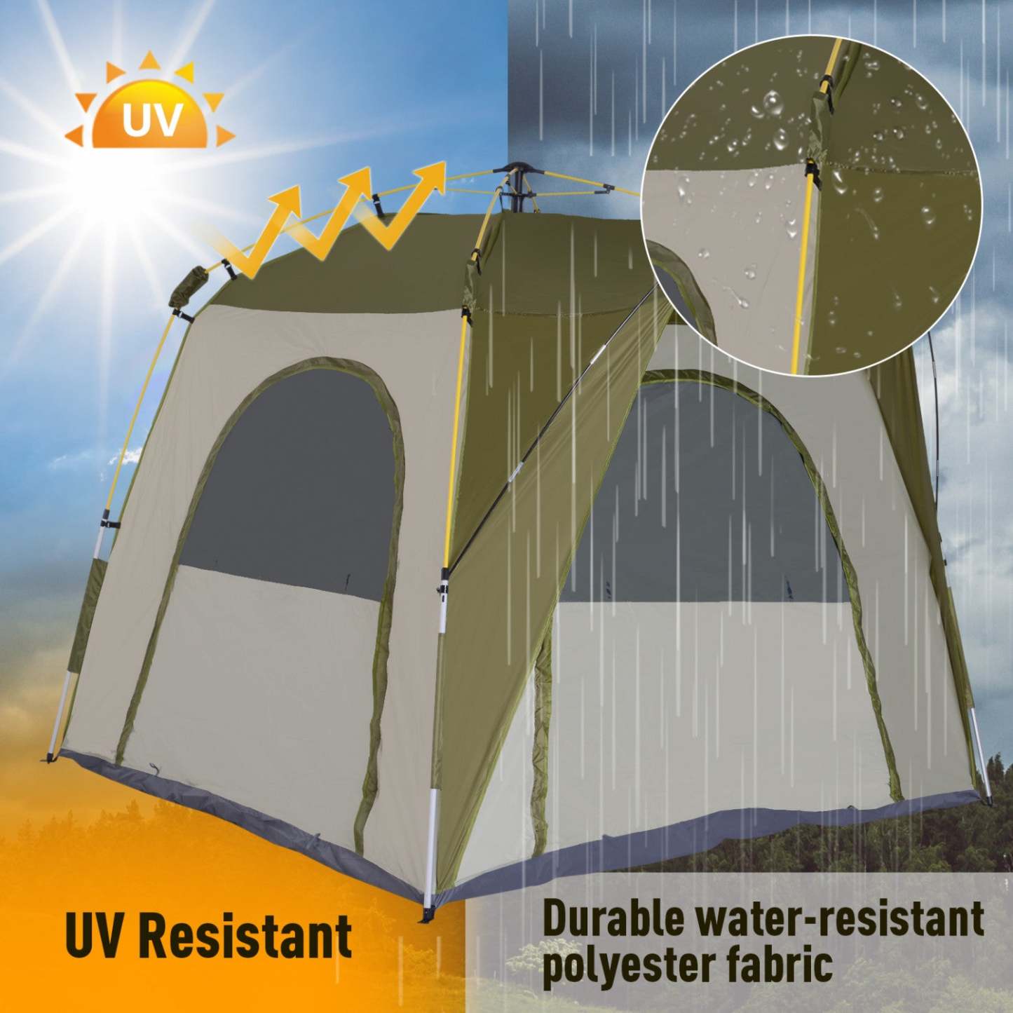 Outsunny Tente de Camping Automatique Instantanée avec 4 Portes et 4 Fenêtres, Tente Pop-Up Extérieure Facile, Portable|Tente De Camping Familiale 4-5 Personnes Montage Instantané Pop-up 4 Fenêtres Pare-soleil Dim. 2,4l
