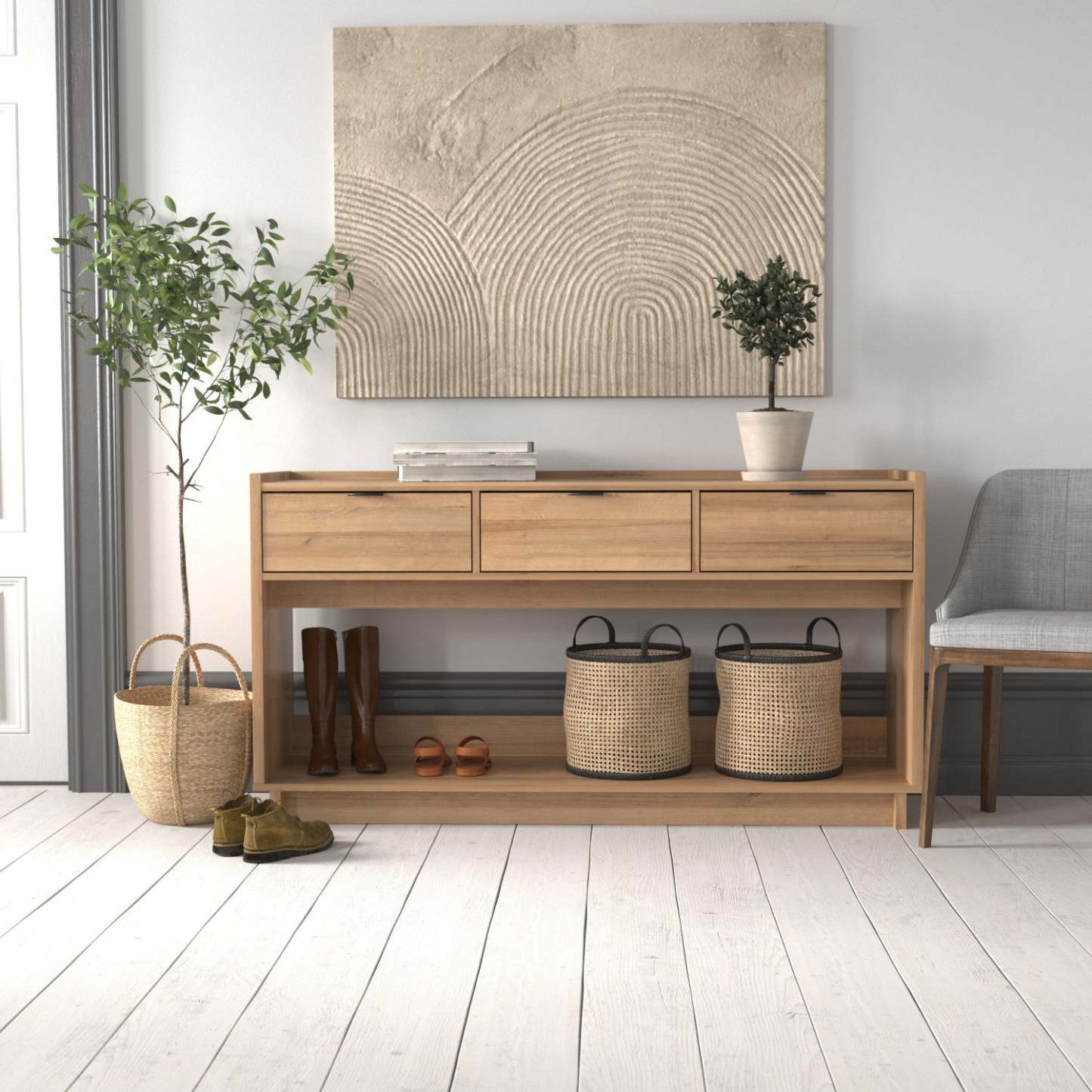 Prepac Simply Modern Buffet Console avec 3 tiroirs - Chêne naturel|Console Simply Modern de Prepac à 3 tiroirs - chêne naturel