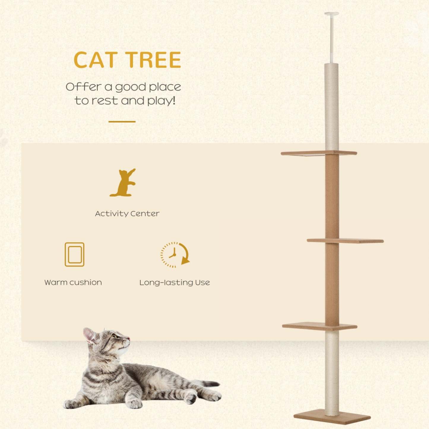 Pawhut 100 Arbre À Chat Du Sol Au Plafond Avec 3 Perchoirs Centre D'activités Pour Chatons, Tour À Chats Meuble, Marron