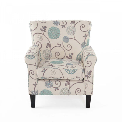 Chaise d'appoint en tissu d'apparence lin Catherine avec pattes en bois - Blanc et bleu | Fauteuil D'appoint Catherine En Tissu aspect lin Avec Pieds En Bois - Blanc Et Bleu