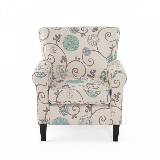 Chaise d'appoint en tissu d'apparence lin Catherine avec pattes en bois - Blanc et bleu | Fauteuil D'appoint Catherine En Tissu aspect lin Avec Pieds En Bois - Blanc Et Bleu