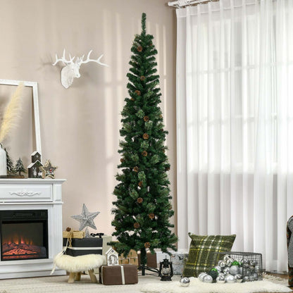 Homcom 7.5ft Artificial Pencil Christmas Tree With Pine Cônes|Homcom Sapin de Noël Artificiel en Forme de Crayon de 7.5ft