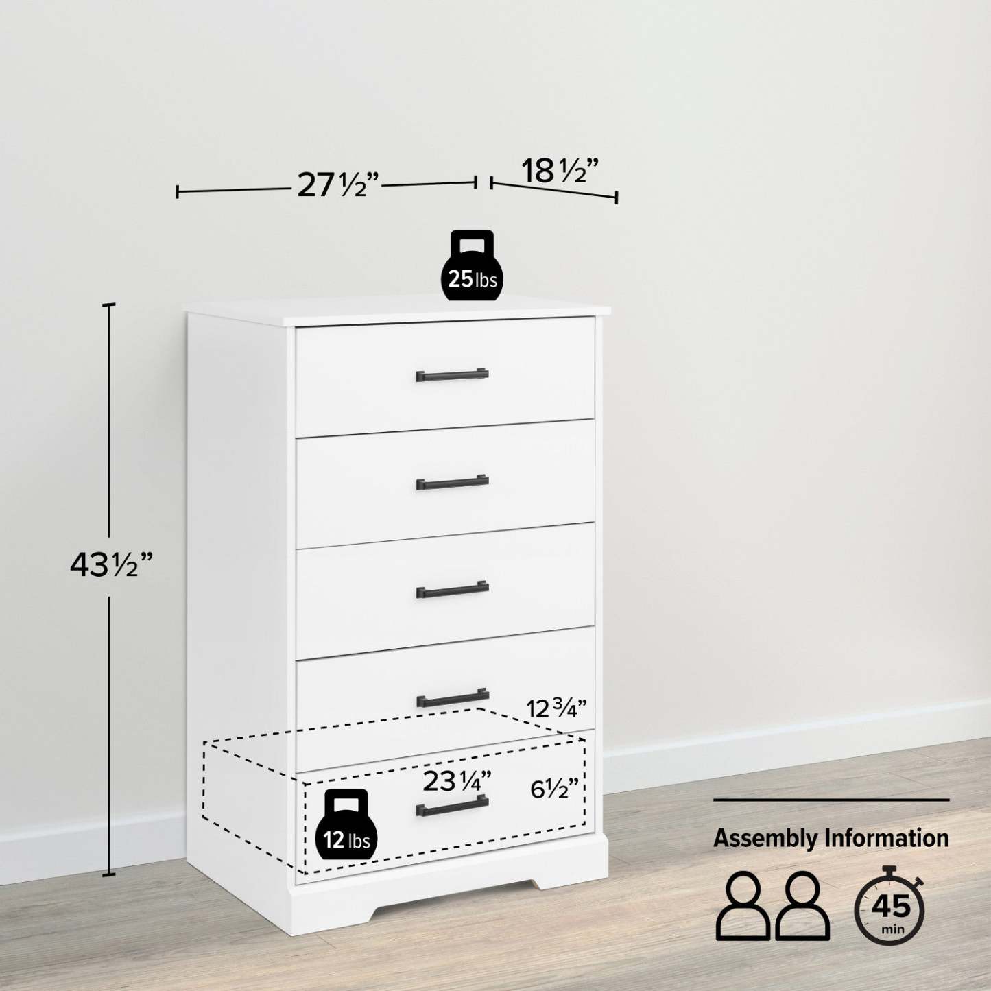 Prepac Rustic Ridge 27.5 5-Drawer Chest - White|Commode verticale Rustic Ridge de Prepac de 27,5 po à 5 tiroirs - blanche