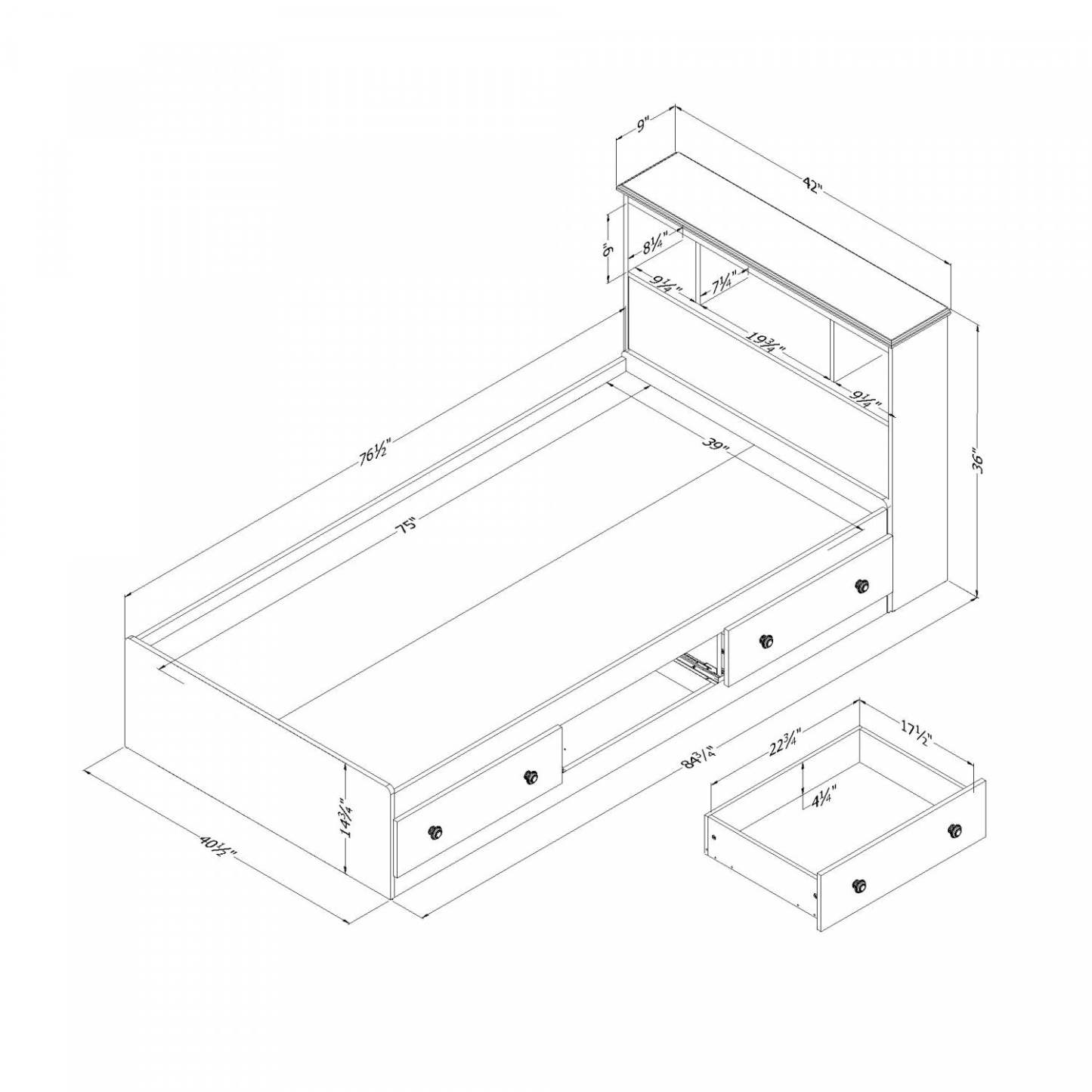 Ensemble lit et tête de lit bibliothèque Summer Breeze en pin blanc - Lit simple South Shore