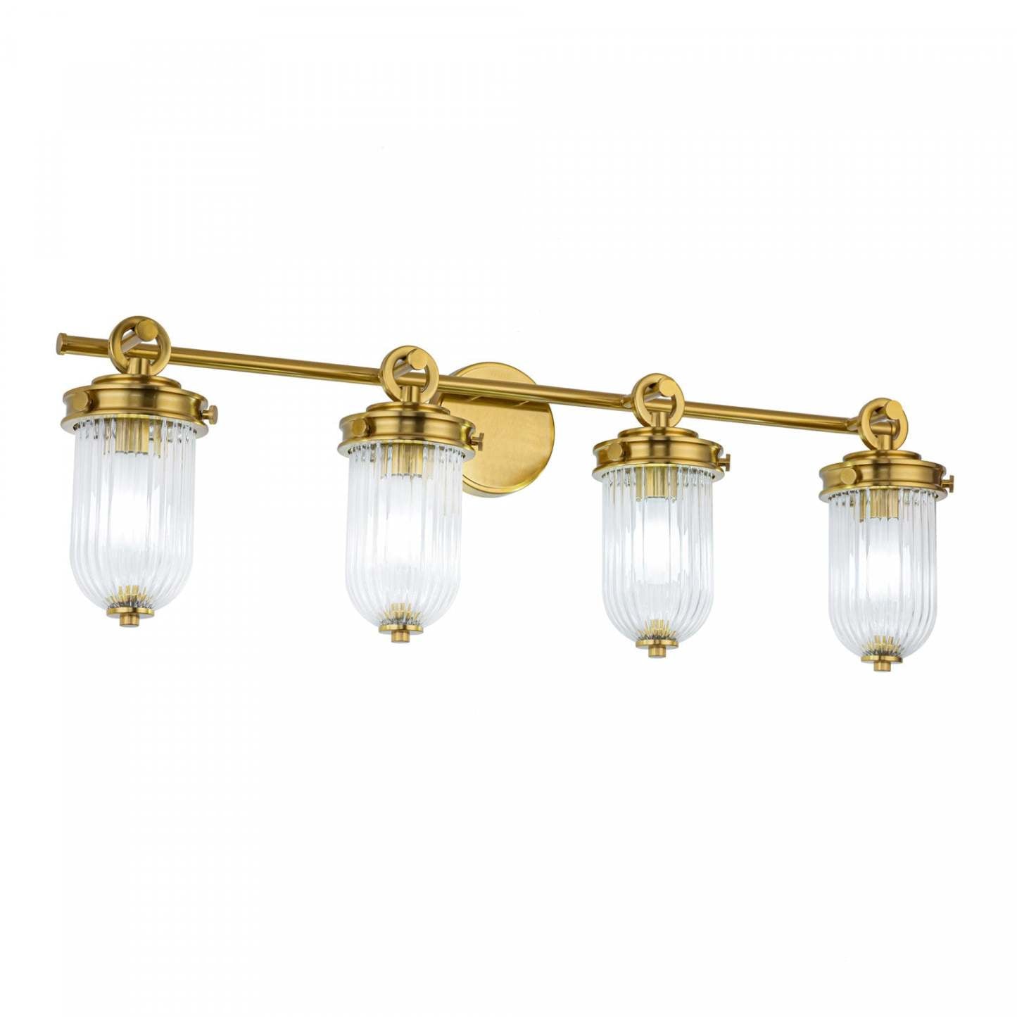 Vanité de salle de bain à 4 lumières Myla, laiton vintage avec lampe en verre nervuré | Luminaire De Salle De Bain A 4 lampes Myla, Laiton Retro Et Verre Nervure