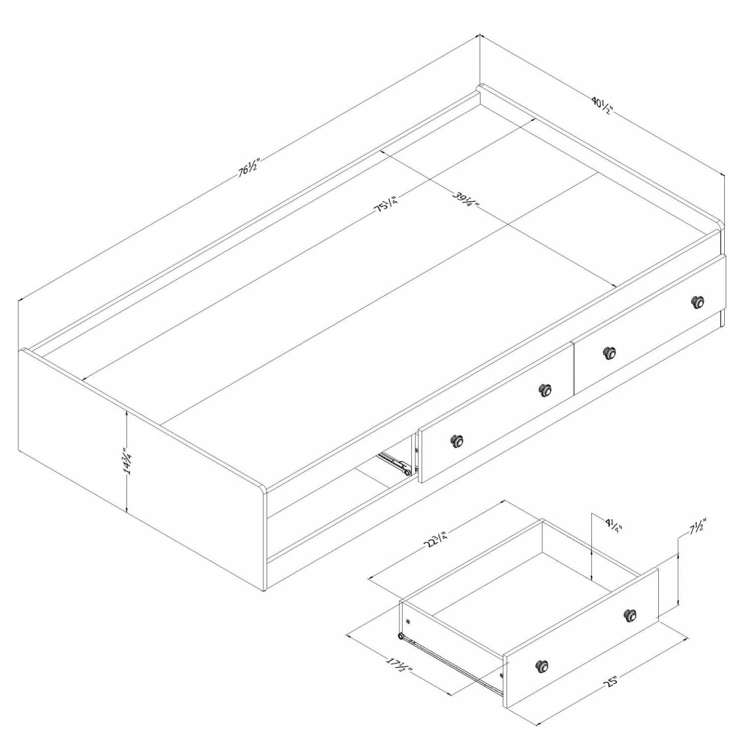Lit double Summer Breeze avec 3 tiroirs - Pin blanc
