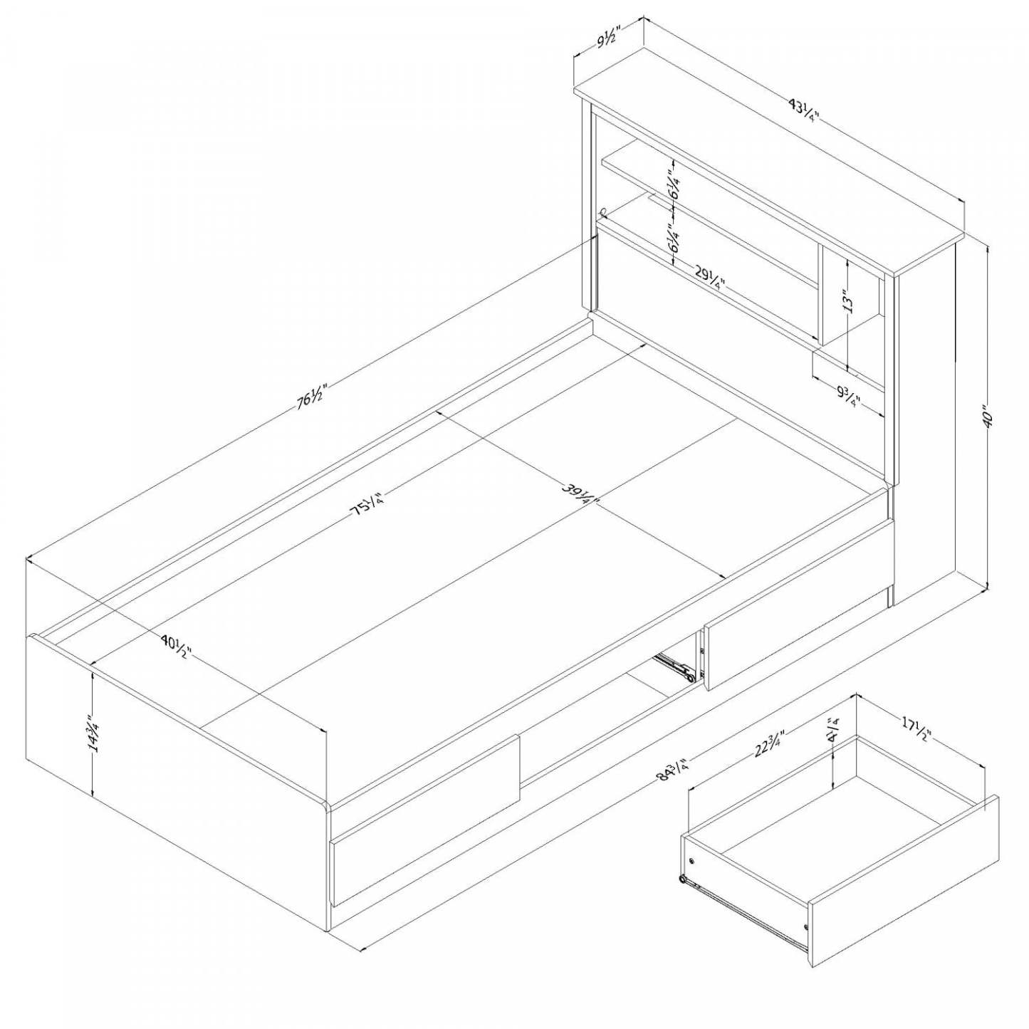 Lit Vito Mates avec tête de lit bibliothèque, noir pur - Lit simple South Shore