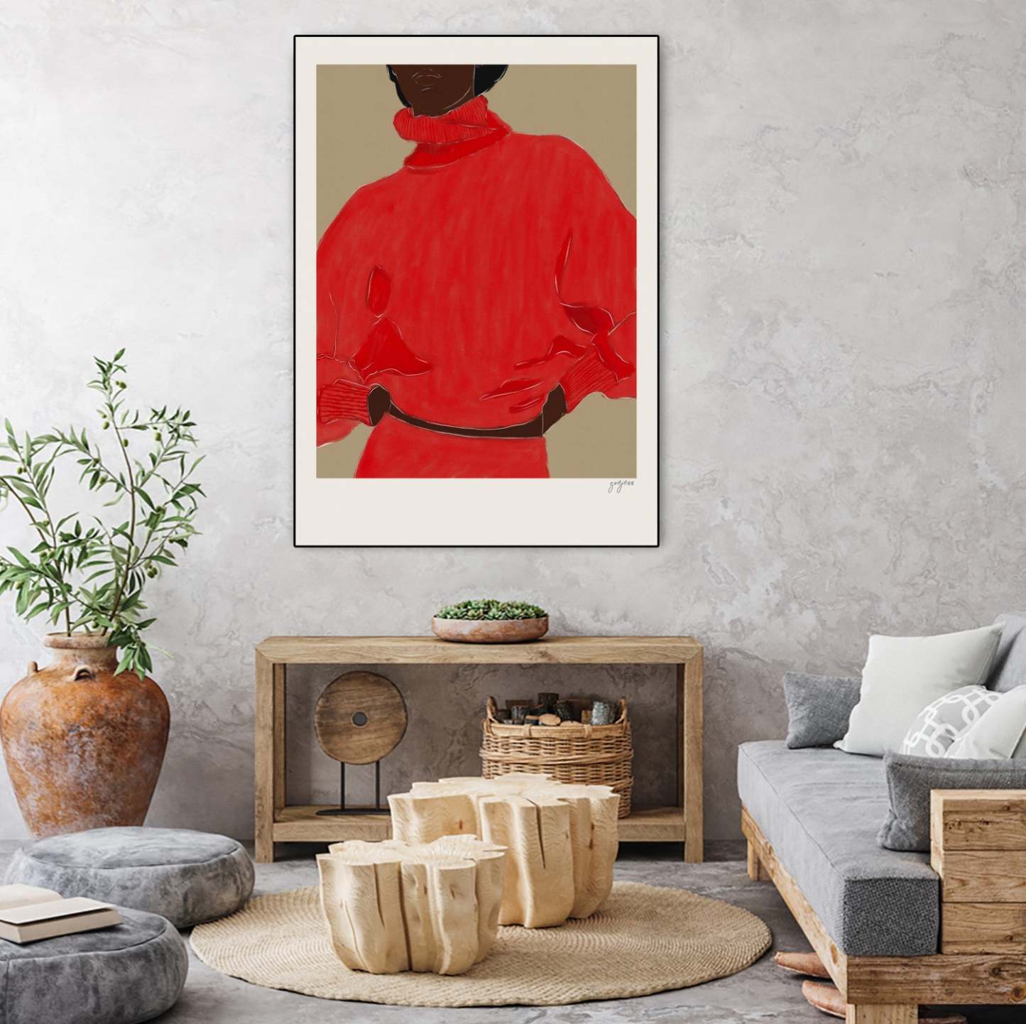 Œuvre d'art murale sur toile encadrée noire « Femme en rouge » 24 x 32