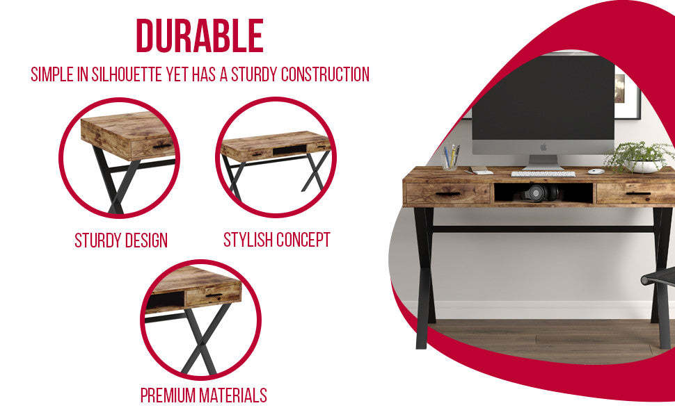 Bureau d’ordinateur de 47 po avec 2 tiroirs et 1 tablette - bois recyclé brun avec métal noir