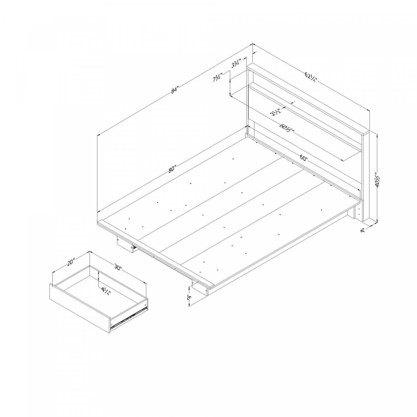 Ensemble lit plateforme et tête de lit Primo en chêne noir - Lit Queen South Shore