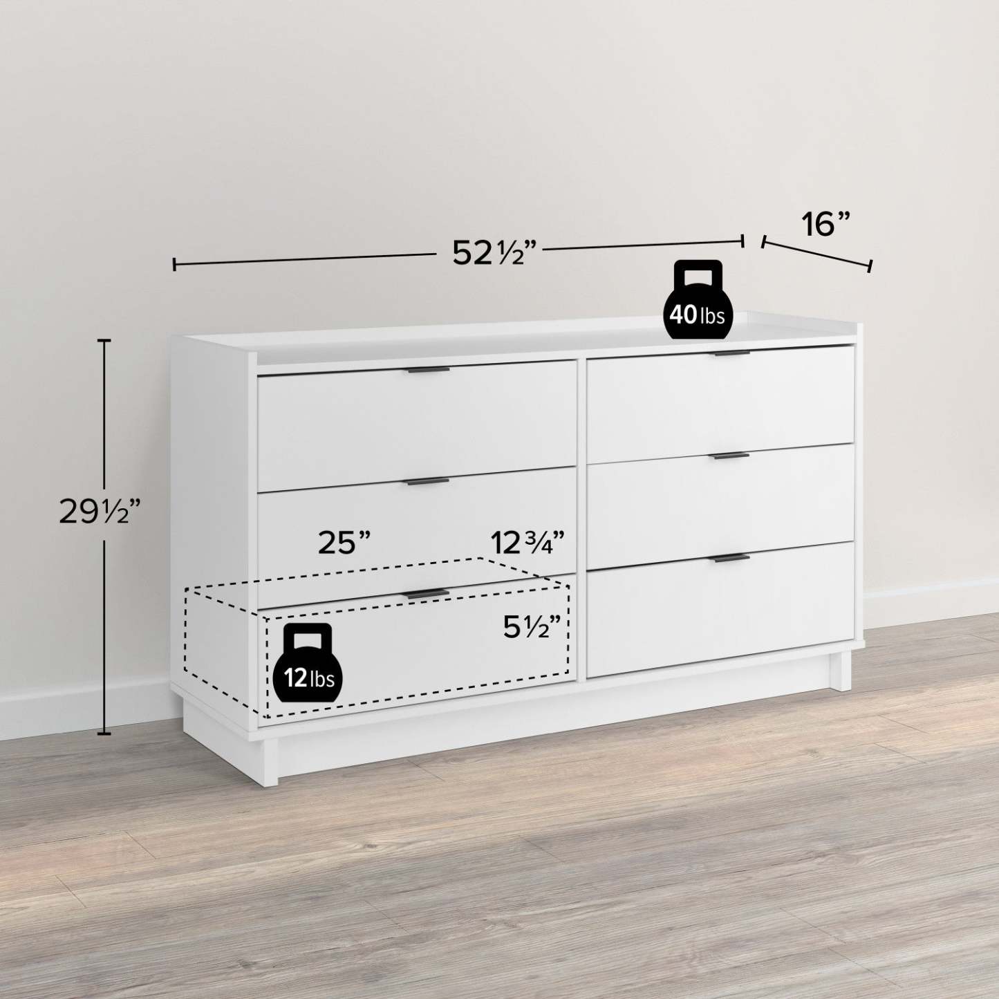 Prepac Simply Modern 52.5 6-Drawer Dresser - Blanc|Commode Simply Modern de Prepac de 52,5 po à 6 tiroirs - blanche