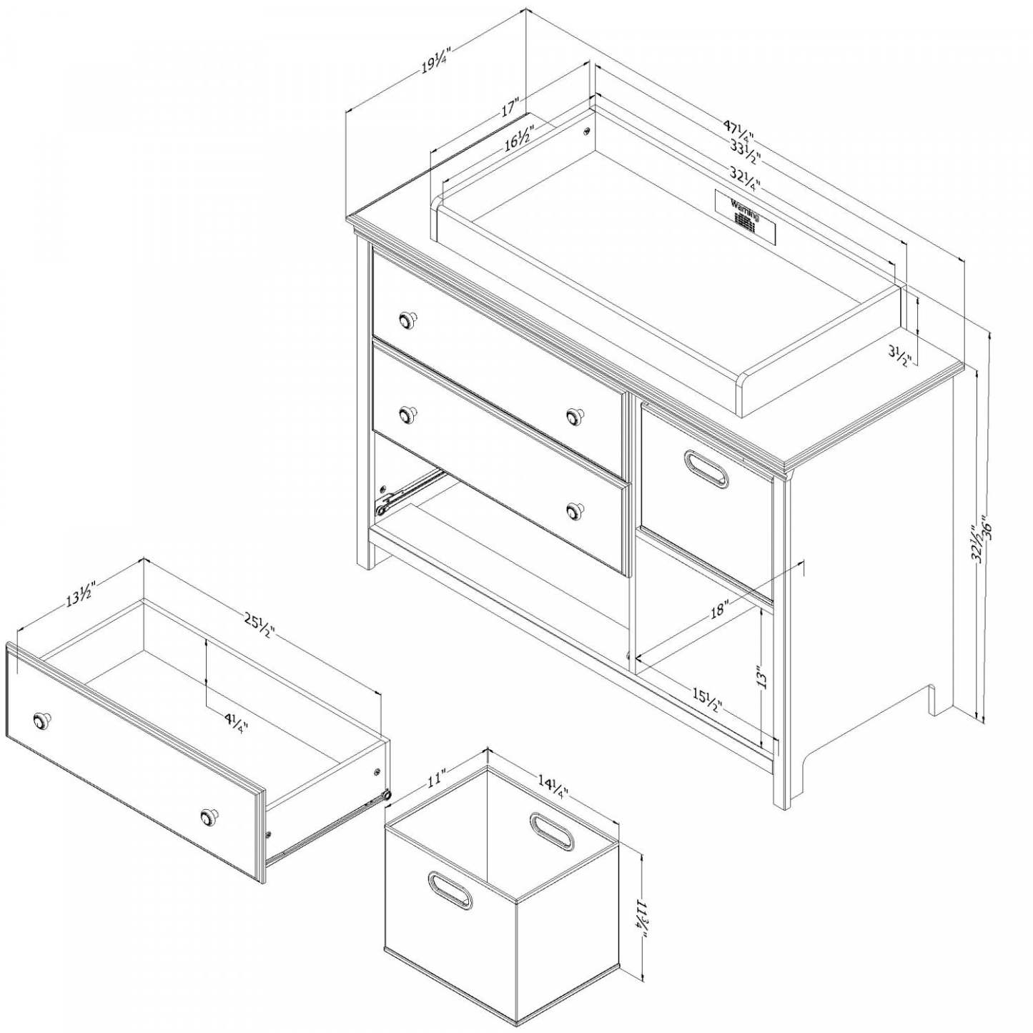 Cotton Candy Changing Table With Removable Rim, Drawers, And Open Storage - Pure White | Cotton Candy Table A Langer Avec Pourtour Amovible - Blanc Solide