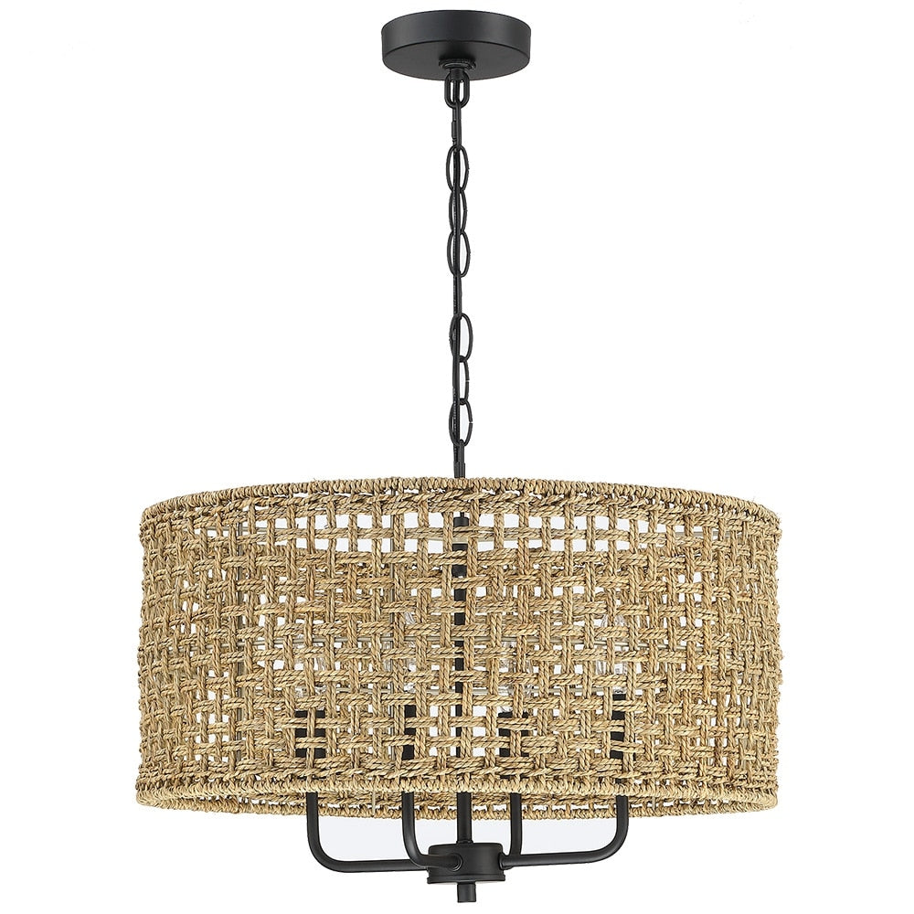 Lustre tambour bohème à 4 lumières, tissé à la main - Paille - 51 cm de diamètre