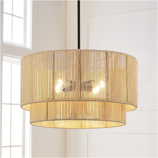 Lustre tambour étagé en rotin à 4 lumières avec rosace noire - 56 cm (22 po) de largeur