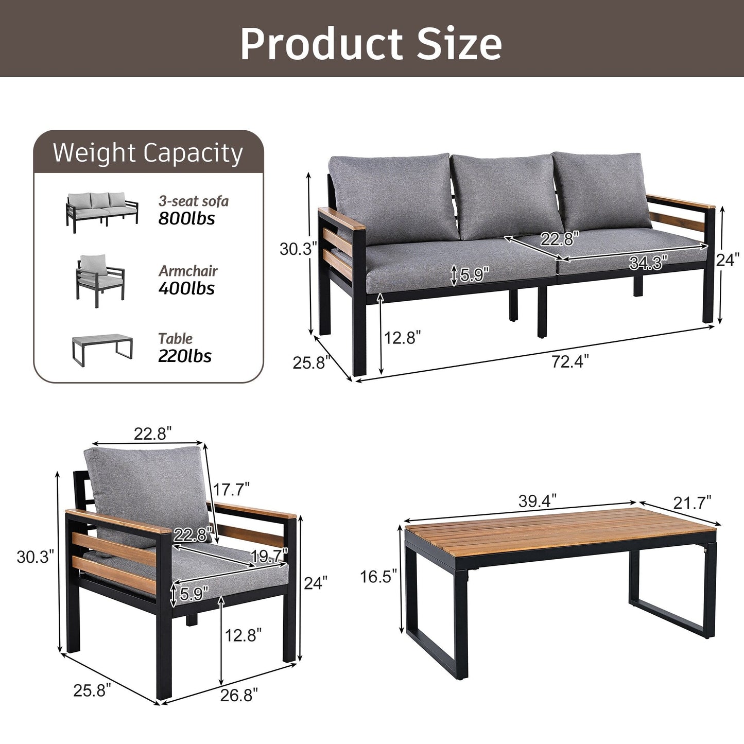 Ensemble de canapés d'extérieur 4 pièces pour 5 personnes avec coussin amovible et table basse en bois massif